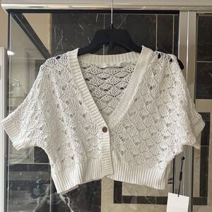 Calvin Klein Ivory Openwork Cropped Knit Cardigan